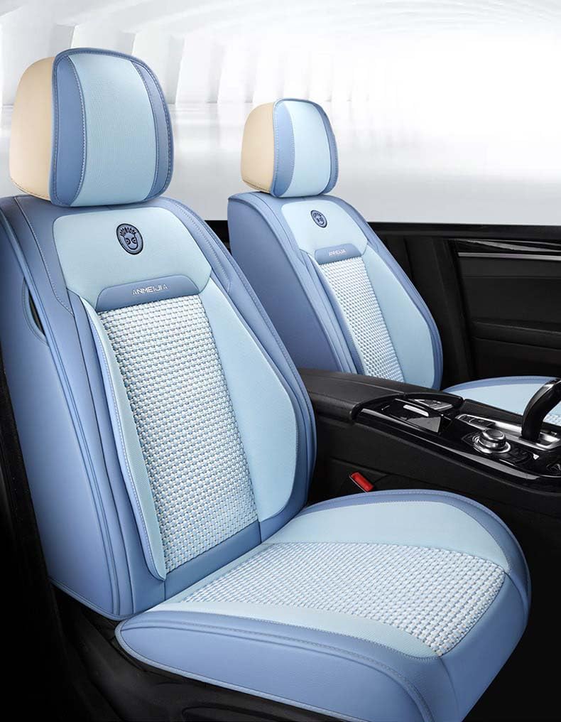 Sky Blue Car Seat Covers Full Set - Leather and Ice Silk Breathable Front and Rear Seat Covers for Women Men, Luxury Car Cushions