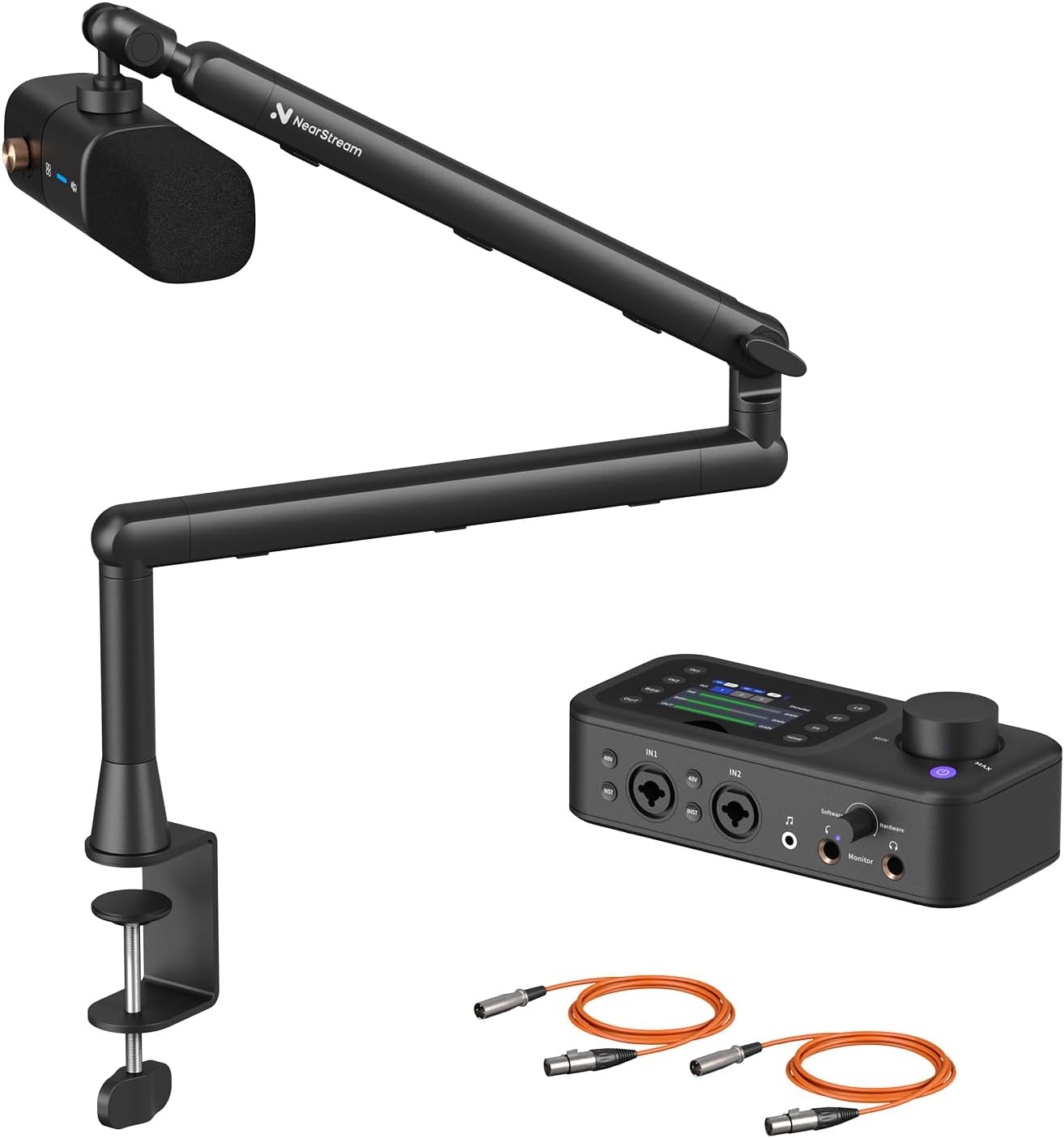 NearStream PodPro Solo Podcast Equipment Bundle with 1 Podcast Microphone, 1 Audio Interface, 1 Mic Boom Arm, 2 XLR Microphone Cable, for Podcast/Livestream/Sound Creation