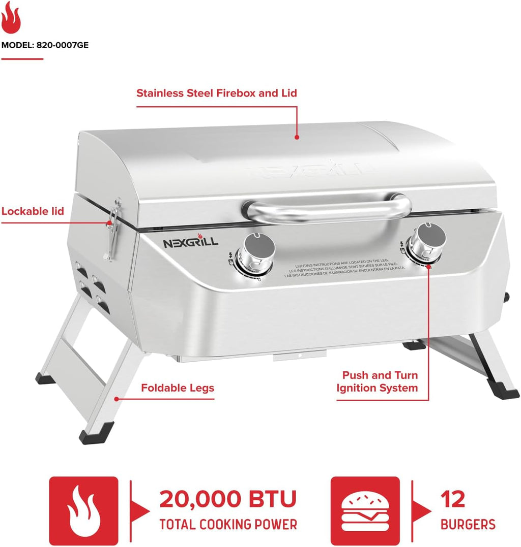 Nexgrill Stainless Steel 2-Burner Portable Gas Grill with Locking Lid, Folding Legs, 20,000 BTUs, 251 SQ In Cooking Space, Tabletop Grill for Camping, Outdoor Cooking, Patios, and More - 820-0007GE