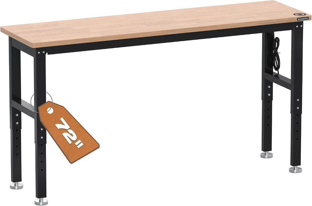 WORKPRO 72' Adjustable Workbench, 3000 LBS Load Capacity Hardwood Garage Workbench with Power Outlets, Rubberwood Top Heavy-Duty Workstation for Workshop, Garage, Home