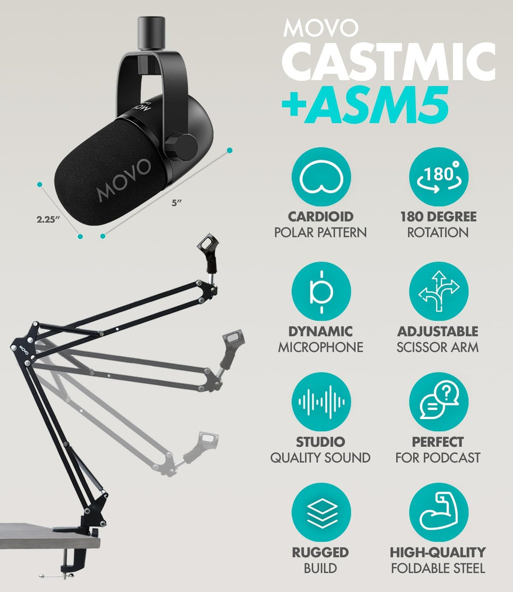 Movo Podcast Equipment Bundle for 2 with USB Audio Interface and 2 CastMic Dynamic Podcast Microphone Bundle with Mic Boom Arms for Podcasting, Streaming, and Musicians - Podcast Kit for Computers