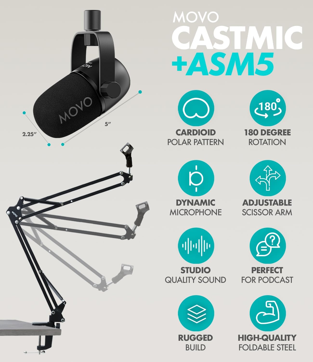 Movo Podcast Equipment Bundle for 2 with USB Audio Interface and 2 CastMic Dynamic Podcast Microphone Bundle with Mic Boom Arms for Podcasting, Streaming, and Musicians - Podcast Kit for Computers