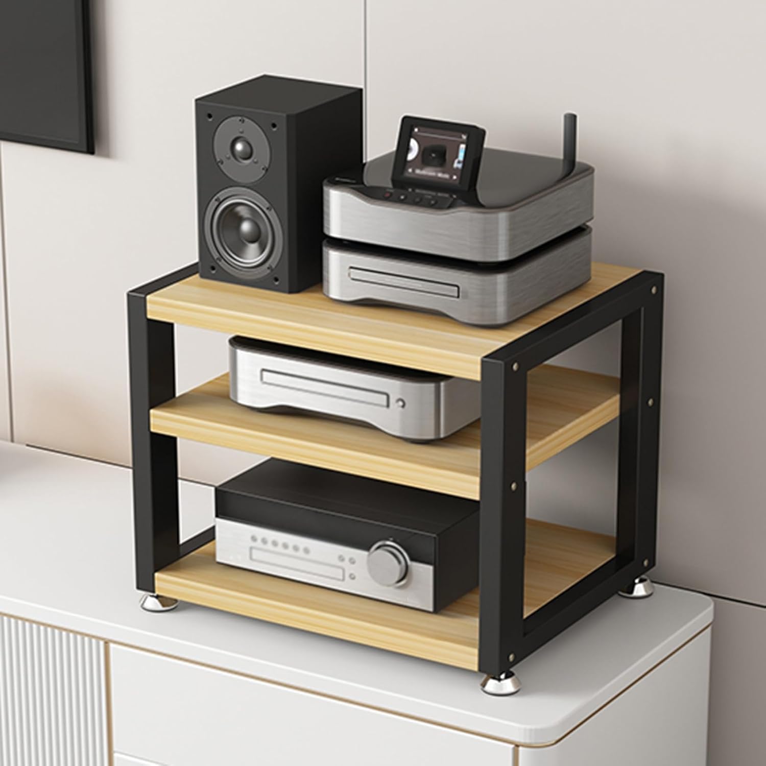 Desktop Mini Audio Rack Tower, AV Media Stand CD Player Game Console Stand Stereo Component Cabinet Small Storage for Audio Equipment(45x35x35.5cm)