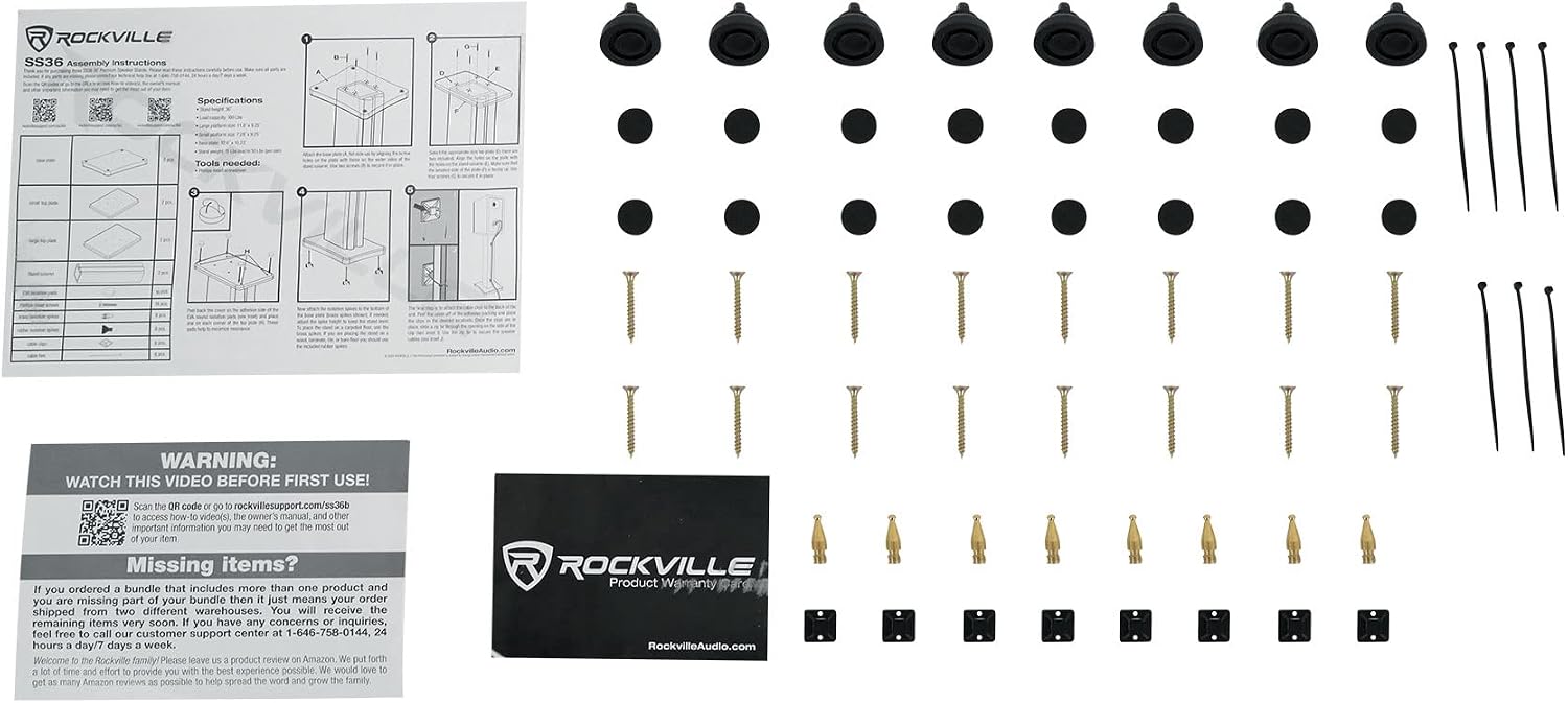 Rockville SS36B Pair Premium 36' Home Speaker Stands, 100Lbs Capacity, Black Wood Grain, Dual Top Platforms, Brass and Rubber Spikes, Isolation Pads, for Bookshelf and Surround Sound Speakers