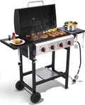 4 Burner Gas Grills Outdoor Cooking Propane Gas Grill BBQ Grill Portable Barbecue Grills with Cast Iron Grate, Pan and Folding Side Table 40000 BTU Output Easy-Clean