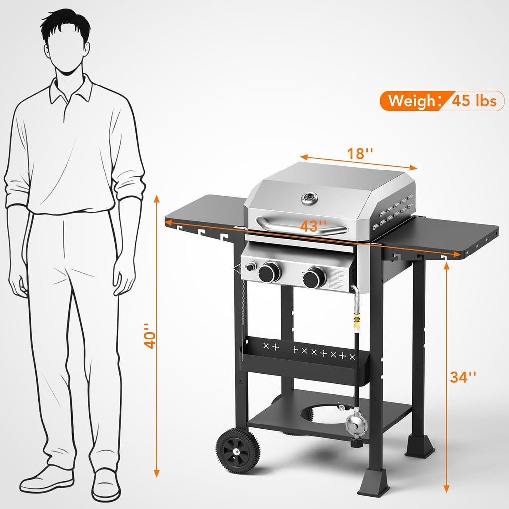Electactic Propane Gas BBQ Grill 2-Burner Barbecue Grills with Cast Iron Frying Pan and Grates Combo, 16000 BTU Output Stainless Steel Grill for Outdoor Cooking, Patio, Backyard Party