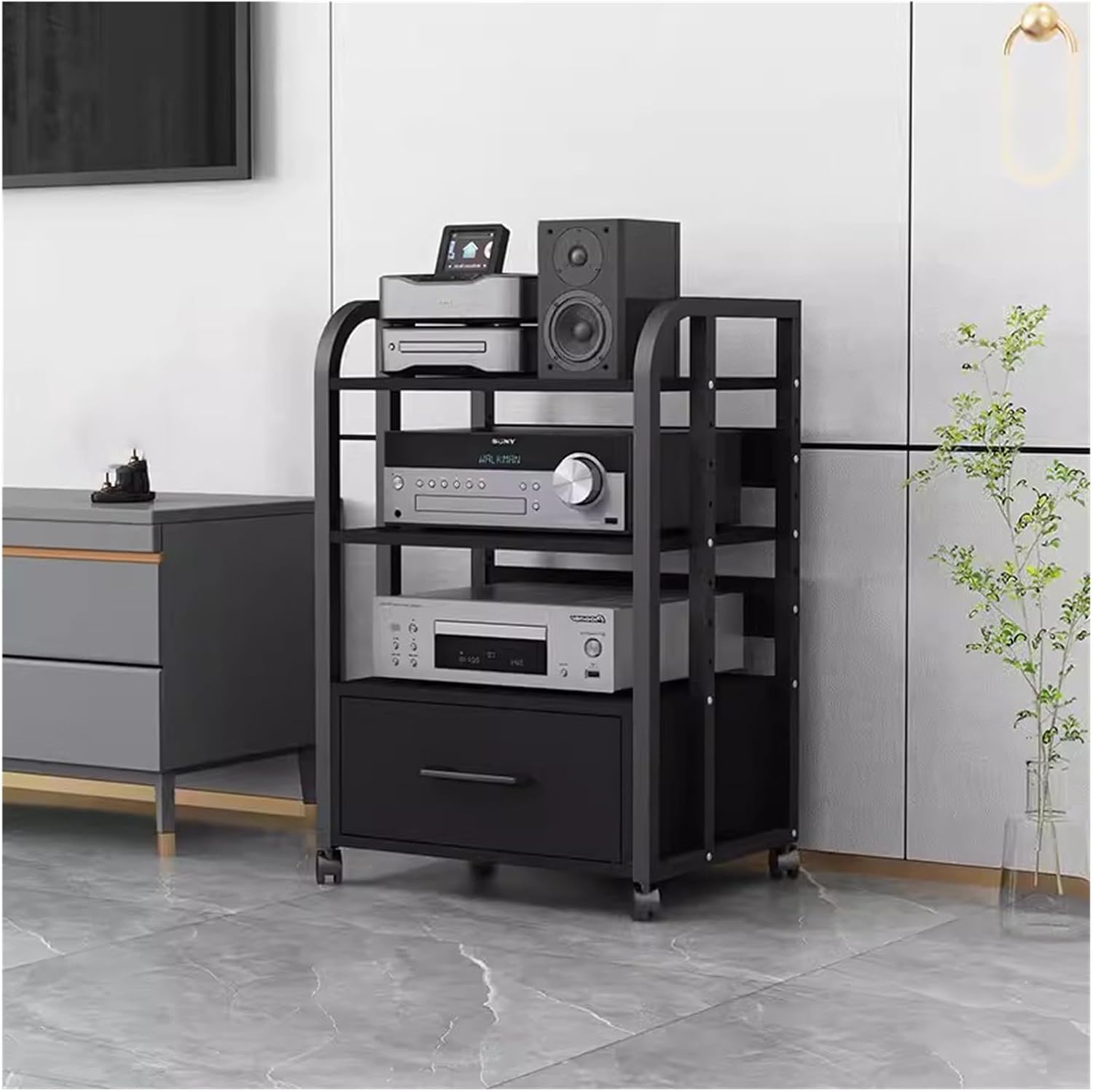 Metal Audio Rack with Drawer 16 18in - 3 Tier Stereo Components Rack/Cabinet - Media Shelf Black for Tv Accessories Games Consoles Audio Equipment(3D1-79cm)