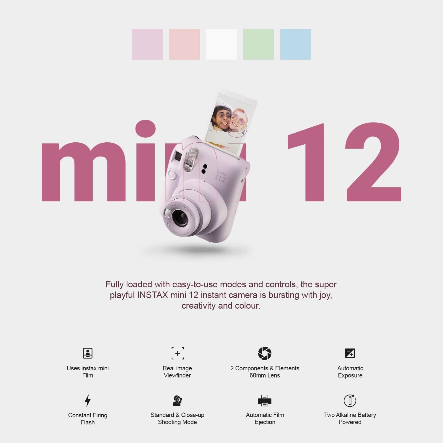 Fujifilm Instax Mini 12 Instant Camera + MiniMate Accessory Bundle & Compatible Custom Case + Fuji Instax Film Value Pack (50 Sheets) Flamingo Designer Photo Album (Lilac Purple)