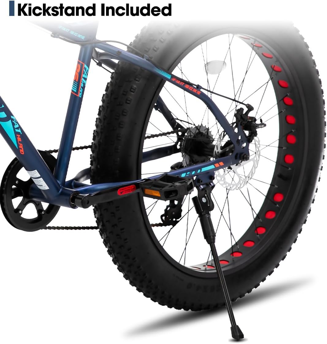 HILAND 24 26 Inch Fat Tire Mountain Bike for Men and Women, High Carbon Steel Frame Beach and Snow Wide Tire Adult Bicycle, 7-Speed and Dual-Disc Brake MTB