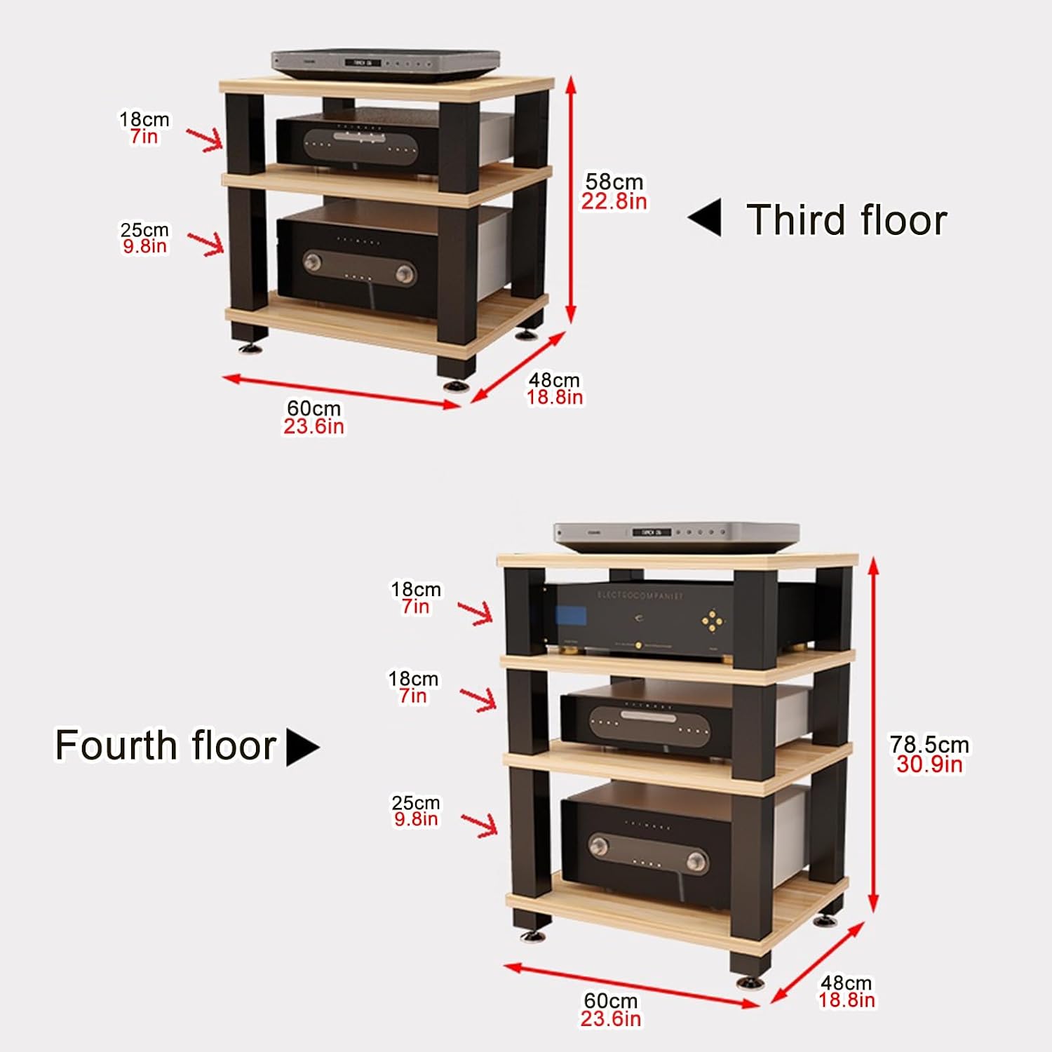 4-Tier Media Cabinet, Corner TV Stand, Teak Audio Video Rack, Space-Saving Stereo Furniture, Ample Storage for Small Spaces, Stylish Floor Media Stand (23.6'x18.8'x30.9')