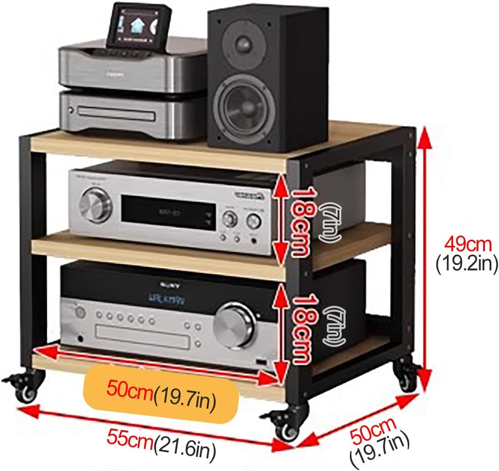 Mobile Audio Equipment Rack with Wheels, Home Entertainment Stereo Components Rack, Heavy Duty Floor AV Media Stand Audio-Video Shelving, Black-3 tier-49cm Tall