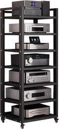 7 Tier 55 Inch Tall Audio Equipment Rack Rolling Cart, Large Stereo Cabinets Turntable Record Player Shelf Av Media Tower with Storage, Office Home Bedroom Living Room,Black,7 Tier
