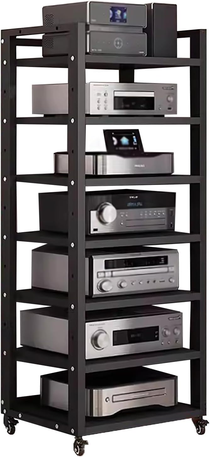 Media Stand 7 Tier 55 Inch Tall Audio Equipment Rack Rolling Cart, Large Stereo Cabinets Turntable Record Player Shelf Av Media Tower with Storage, Office Home Bedroom Li,Black7 Tier