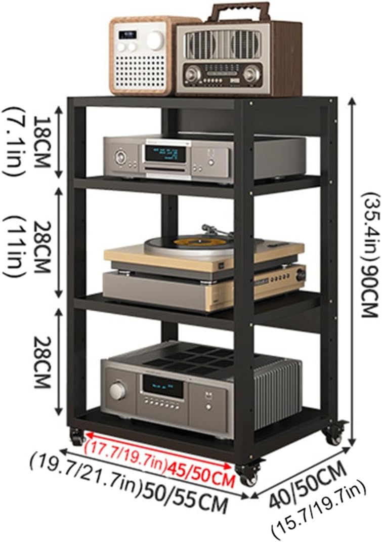 5 Tier Audio Video Stand - Multifunctional Media Cabinet with Mobile Wheels, Stereo Rack for Home & Office, Amplifier & DVD/CD Player Storage, Open Shelf (55x50x90cm)