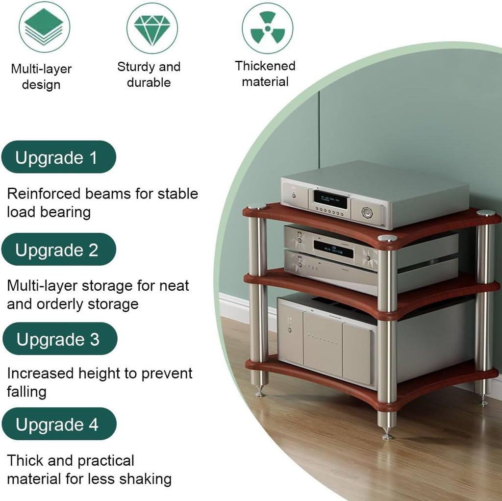 2/3/4 Tier AV Media Stand, Wooden Audio Rack Tower for Stereo & CD Player, Modern HiFi Component Cabinet Furniture, Corner Shelf for Entertainment Center (Red, 60 * 40cm)