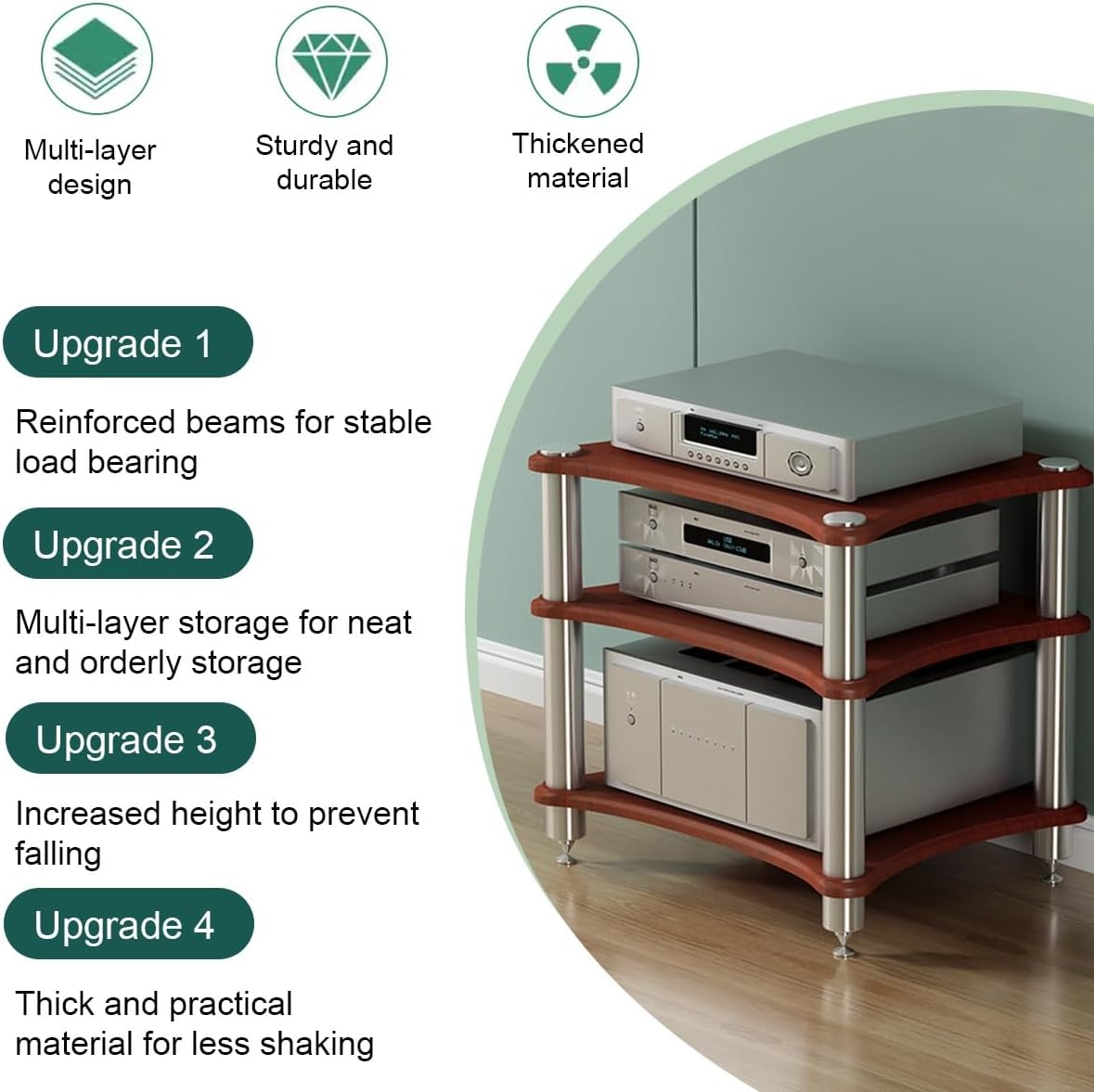 2/3/4 Tier AV Media Stand, Wooden Audio Rack Tower for Stereo & CD Player, Modern HiFi Component Cabinet Furniture, Corner Shelf for Entertainment Center (Red, 60 * 40cm)