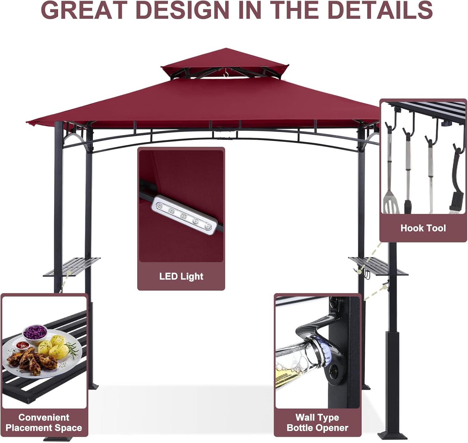 ABCCANOPY 8x5 Grill Gazebo - Outdoor BBQ Canopy Shelter with Led Light for Patio Backyard Grilling (Burgundy)