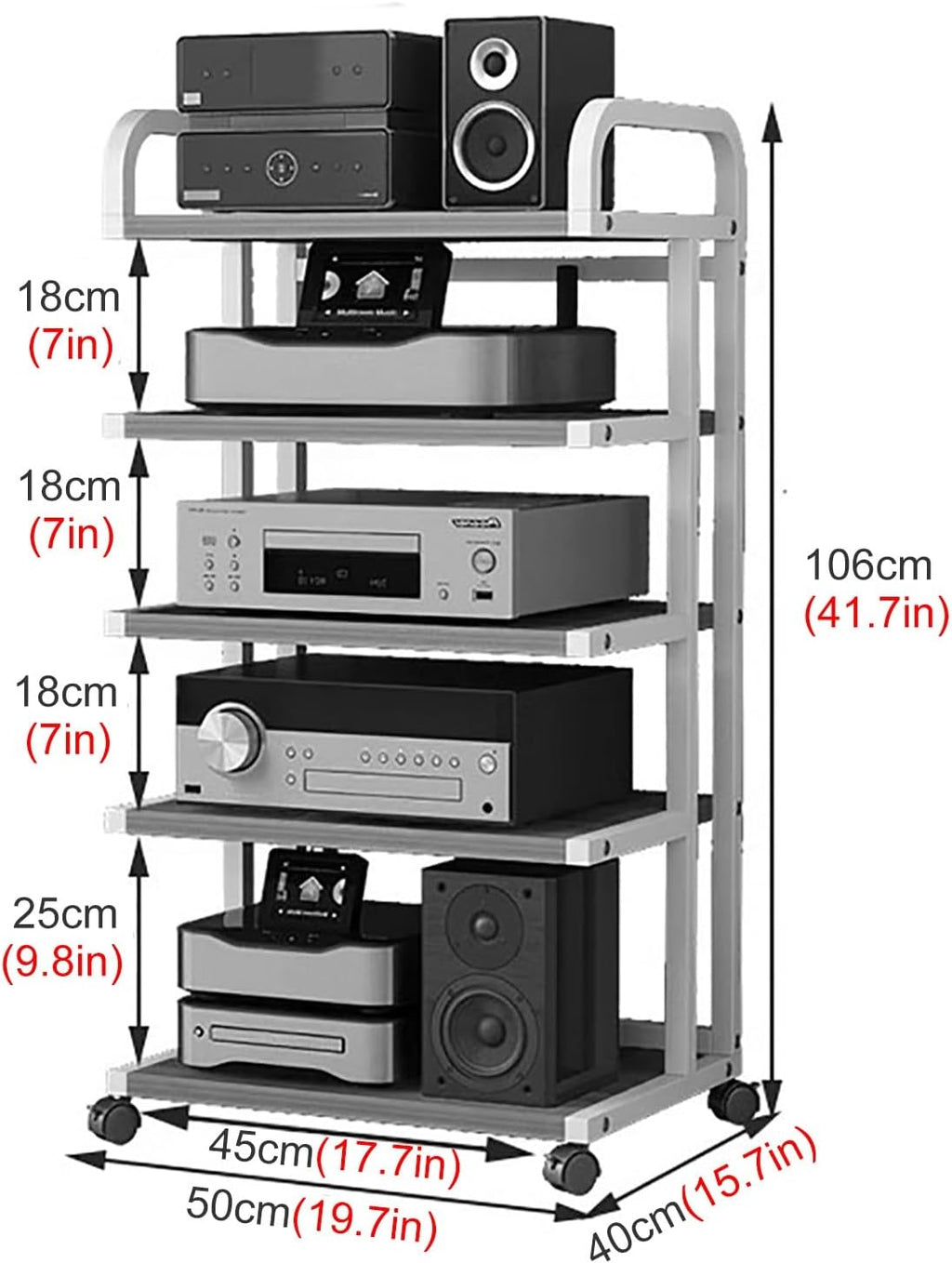 Audio Component Rack Tower Media Stereo Stand Equipment Shelf with Wheels, 3/4/ 5 Layer Steel Heavy Duty Home Entertainment System Organizer Holder (5 Tier a)