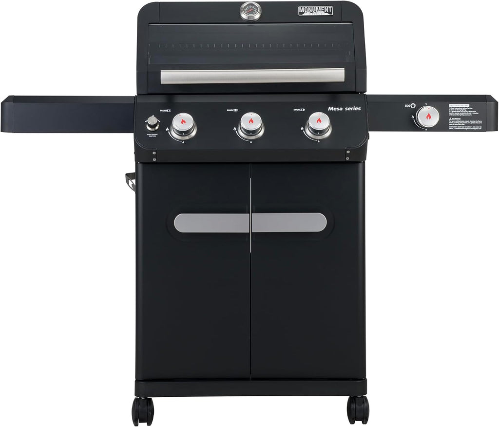 Monument Grills Mesa Series, 3+1 Outdoor Barbecue Stainless Steel Propane Gas Grill, 3 Burners & 1 Side Burner 48,000 BTU Patio Garden Grill with Knob Controls, Mesa325, Black