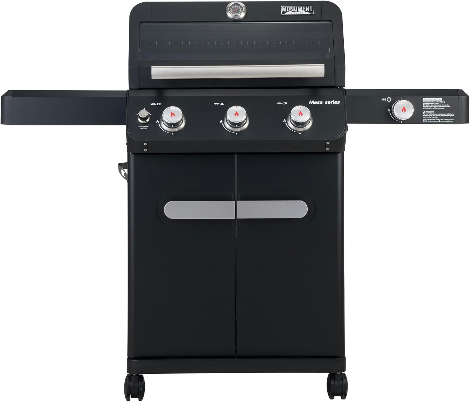 Monument Grills Mesa Series, 3+1 Outdoor Barbecue Stainless Steel Propane Gas Grill, 3 Burners & 1 Side Burner 48,000 BTU Patio Garden Grill with Knob Controls, Mesa325, Black