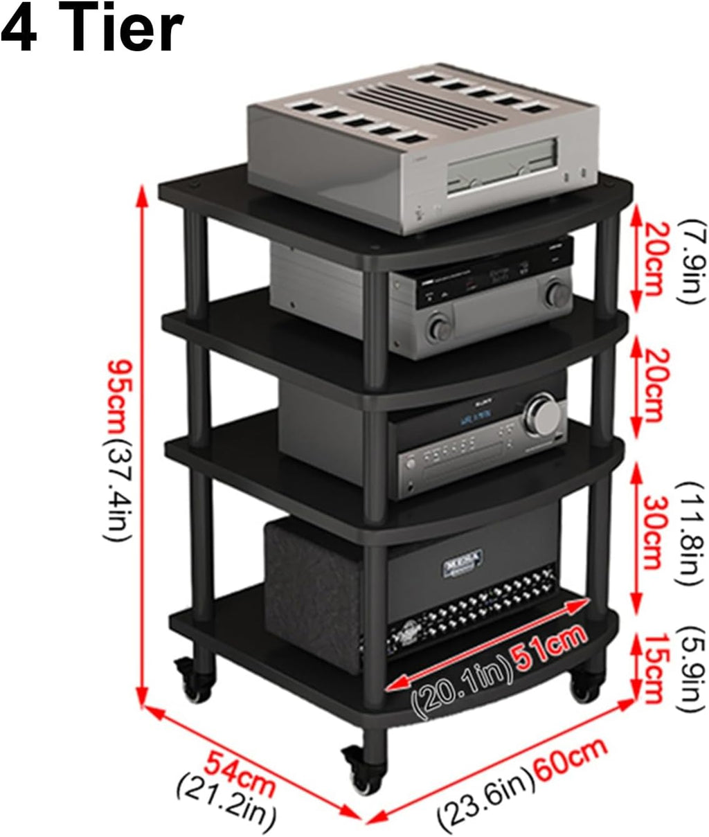 2/3/4/5-Tier Movable AV Media Stand with Wheels, Audio Rack Tower, TV Game Console Equipment Shelf, CD Record Player Stereo Component Cabinet for Home/Office/Theater(Walnut,4 Tier)