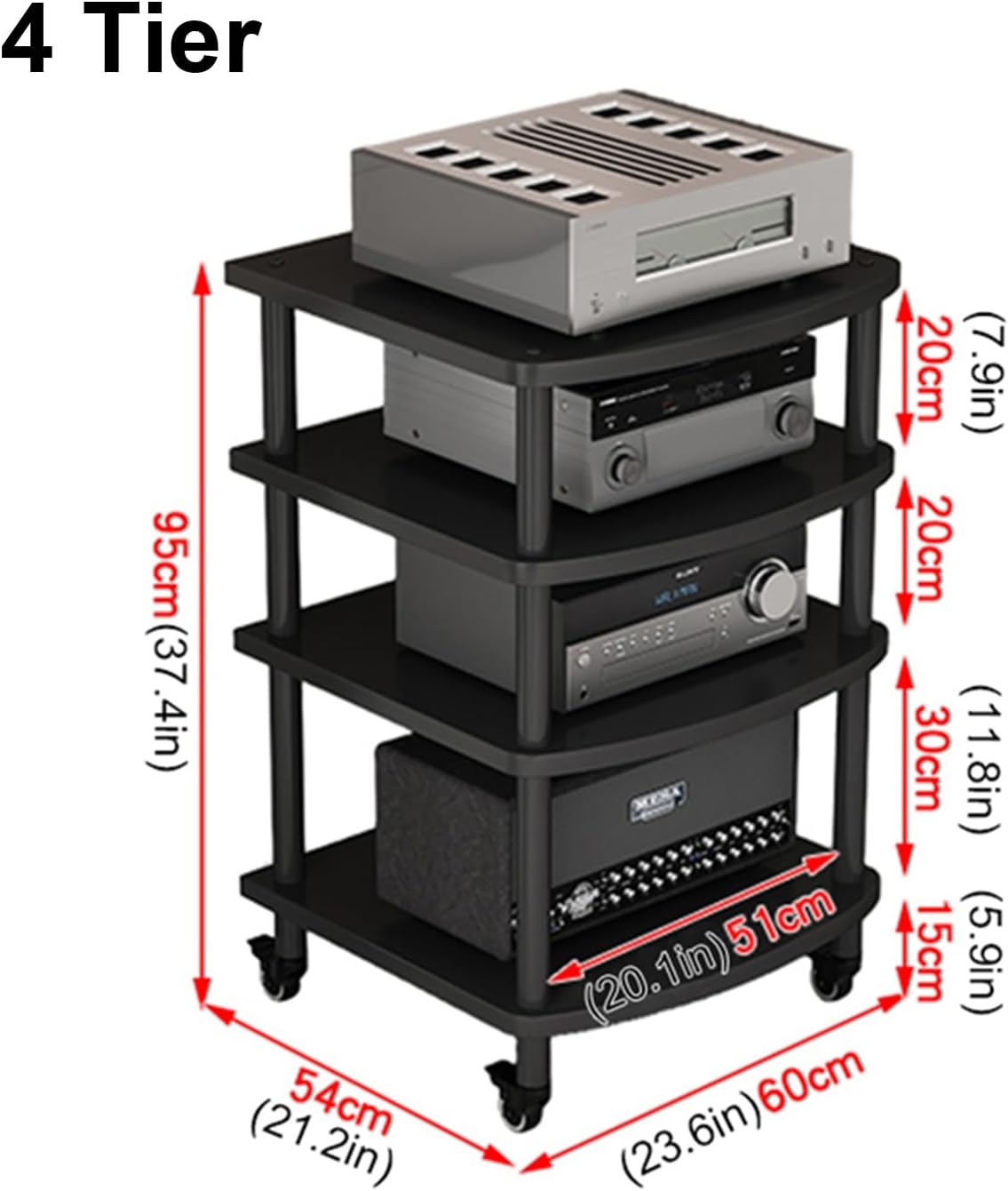 2/3/4/5-Tier Movable AV Media Stand with Wheels, Audio Rack Tower, TV Game Console Equipment Shelf, CD Record Player Stereo Component Cabinet for Home/Office/Theater(Walnut,4 Tier)