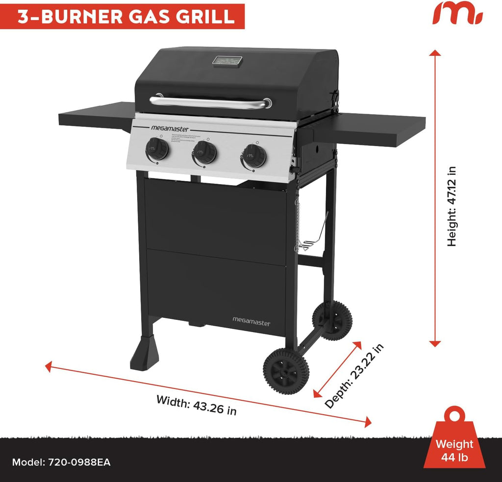 Megamaster 3-Burner Propane Gas Grill with Folding Side Tables, 30,000BTUs, 429.81 sq. in. Cooking Space, Stainless Steel Control Panel, Outdoor Kitchen Grill for BBQs, Patios, and More - 720-0988EA