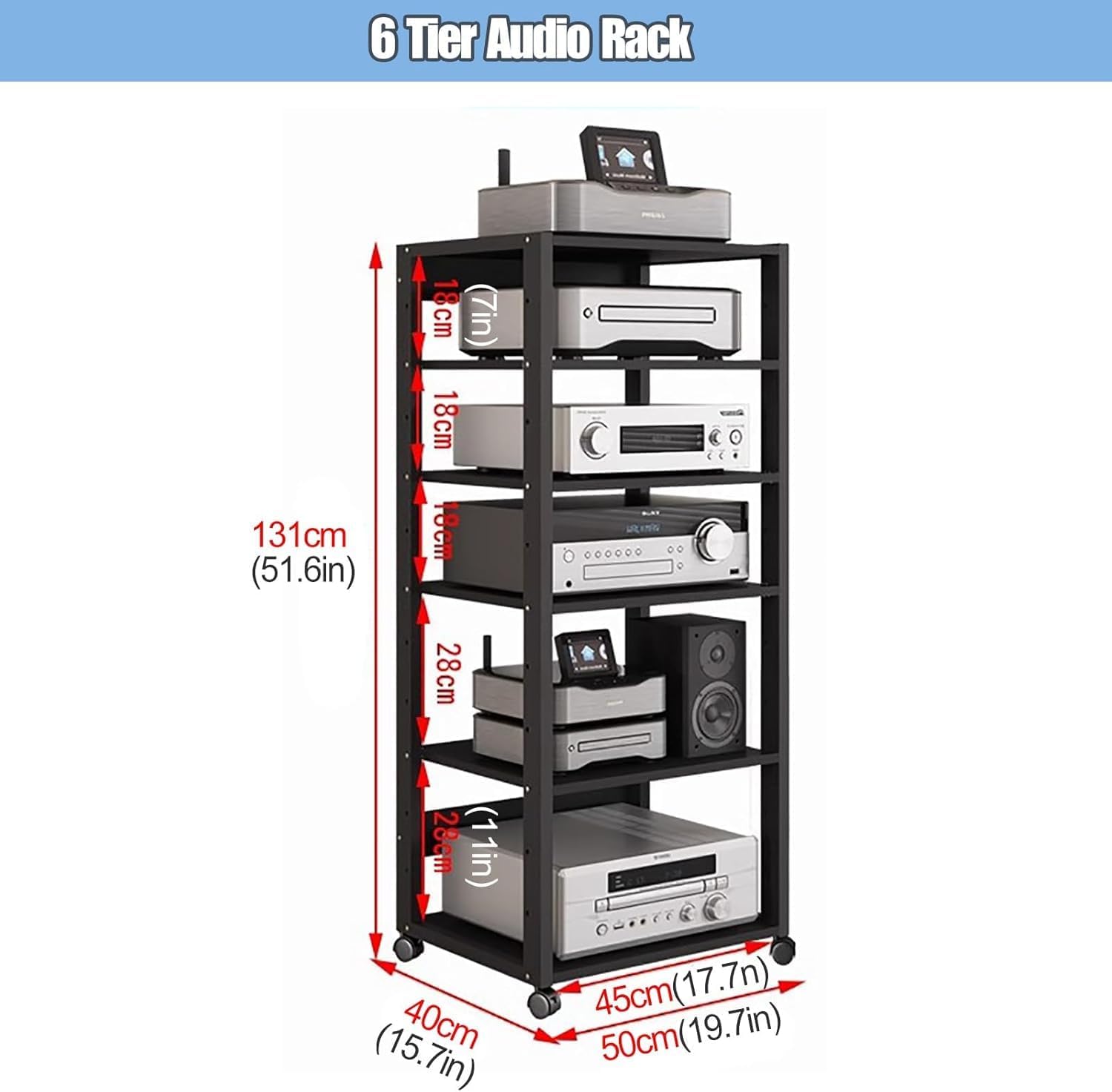 Modern Tall HiFi Racks Audio/Video Component Cabinet, 3/4/5/6/7 Tier Audio Component Rack Tower Media Stereo Stand Equipment Shelves with Wheels, for Home/Office(6 tier-131cm(51.6in))