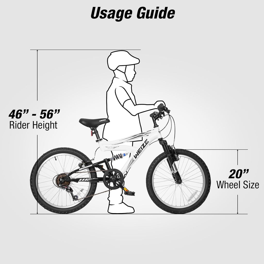 WEIZE Kids Mountain Bike, Kids' Bicycles for 6-14 Years Old Boys Girls with Dual Full Suspension, 6 Speeds Drivetrain, High-Carbon Steel Frame, Ideal for Young Riders and Adventurers