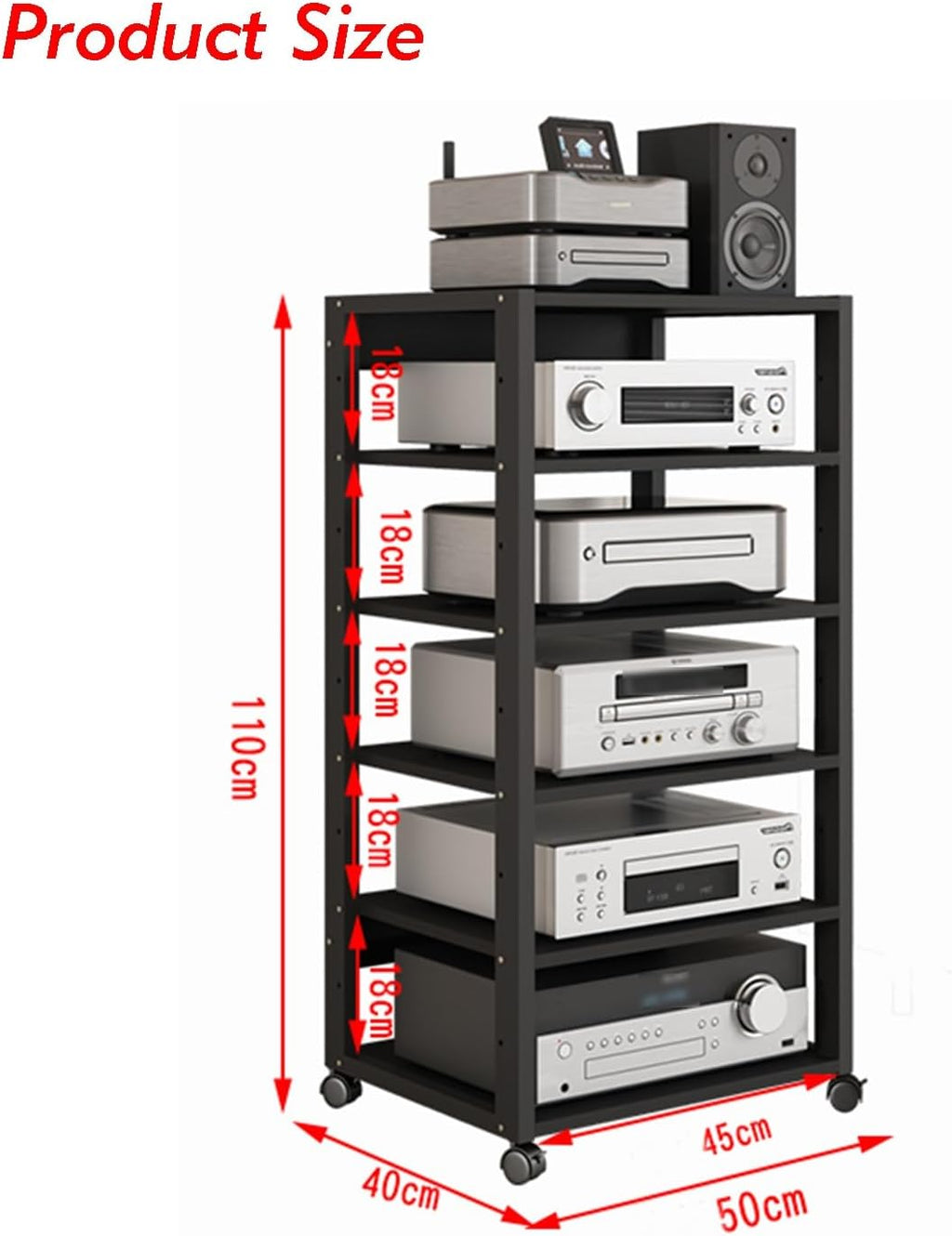 6 Tier Furniture Media Rack DVD CD Player Stand Audio Rack Power Amplifier Equipment Cabinet with Height Adjustable Wood Shelf Floor Standing Storage Rack 50x40x110 Cm