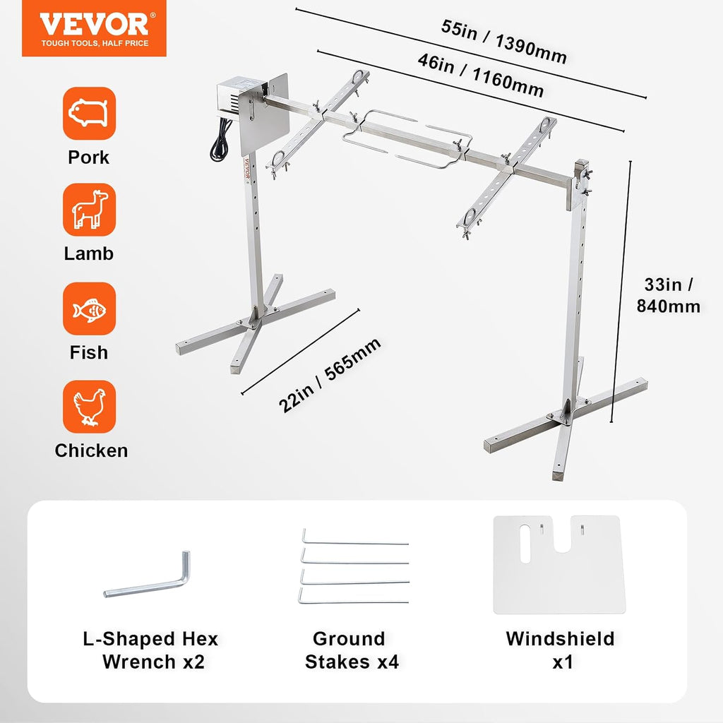 VEVOR Electric BBQ Rotisserie Grill Kit, 52 Inch 88 lbs Capacity, Automatic 38W Motor Height Adjustable Universal Roaster Stand, Stainless Steel Grilling Kit, Spit Rod with Heat Shield for Pig Lamb
