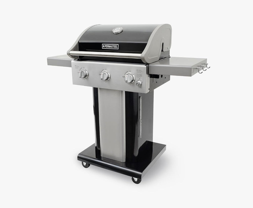 Permasteel 3-Burner Propane Gas Grill, 30,000 BTUs BBQ Grill with Cast Iron Grates, Foldable Side Tables & Tool Hooks, Outdoor Grill, Black