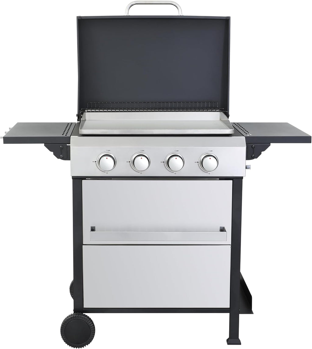 4-Burner Propane Gas BBQ Grill, SS Plancha, 49200BTU Output With Wire Enamel Cooking Grids For Outdoor Barbecue, Foldable Side Table, Hanging Basket, Stainless Steel
