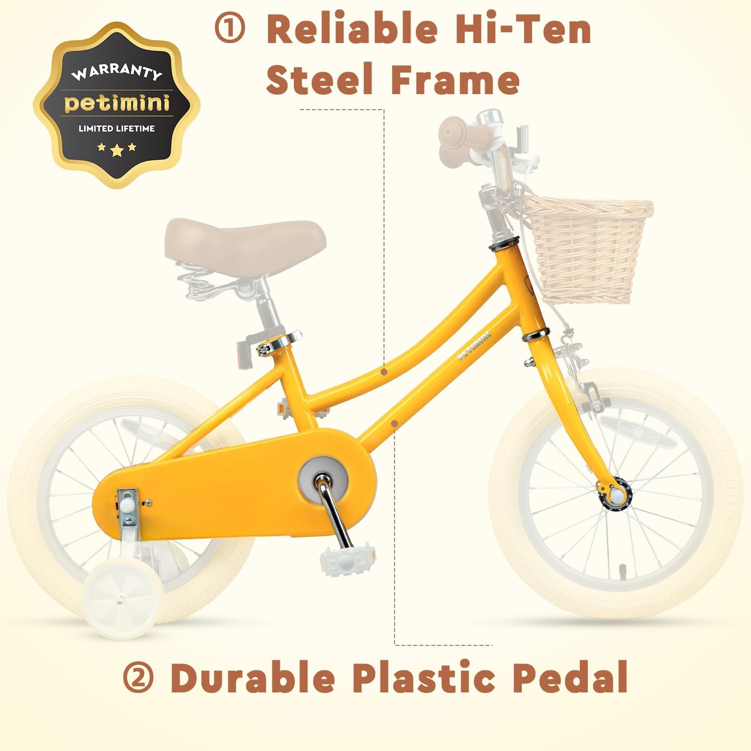 Petimini Vintage Kids Bike for Girls, 12–20 Inch Classic Bicycle with Wicker Basket & Bell, High Tensile Steel Frame, Training Wheels (12–18'), 85% Pre-Assembled, Retro Bike for Outdoor Riding