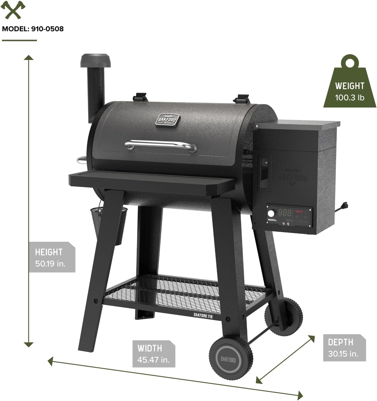 Oakford 715 Wood Pellet Grill with 715 SQ In Cooking Area, Steel Wire Grates, I-Site View Indicator, Heavy Duty Pellet Smoker Grill with Bluetooth Connectivity - 910-0508