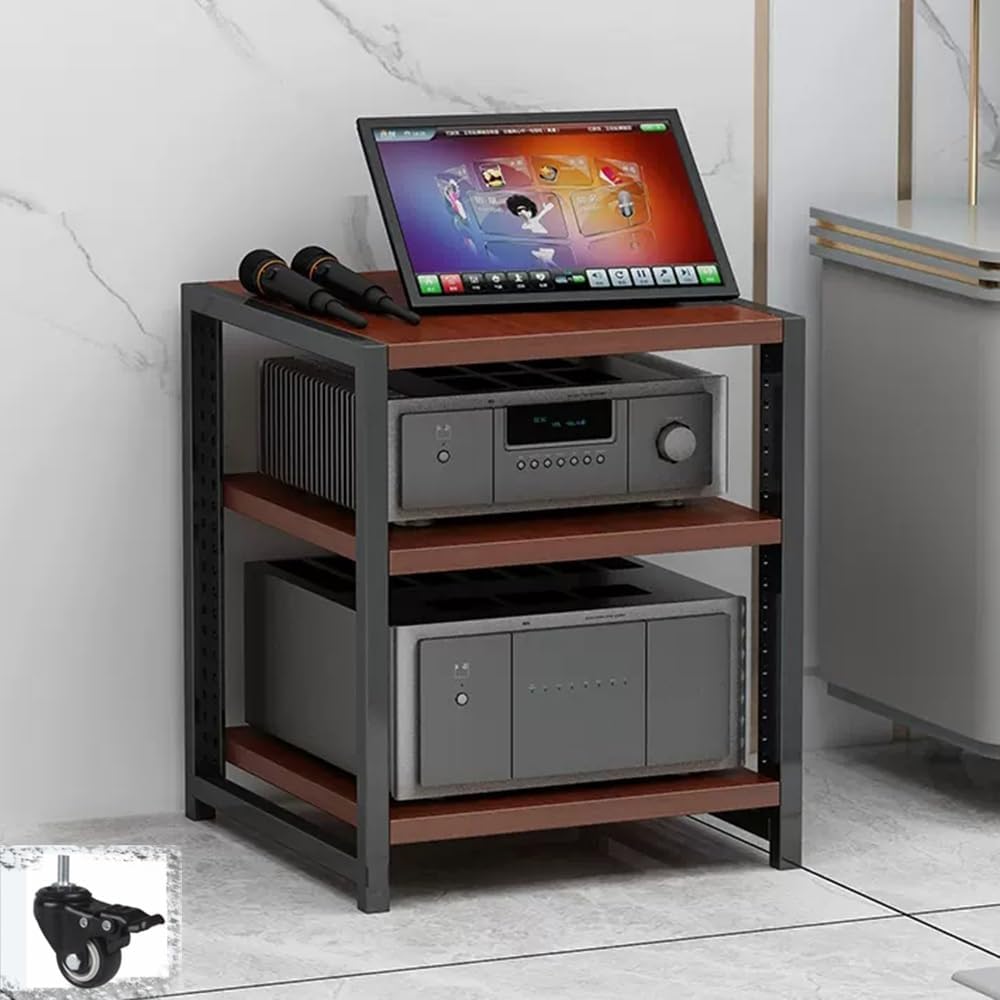 NILZA AV Media Stand with Wheel Audio Rack Video Game Console Shelf 3/4/5/6-Tier Stereo Rack Audio Tower Adjustable Shelves Corner Shelf Av Stand for Recording Room(Teak,3-Tier)
