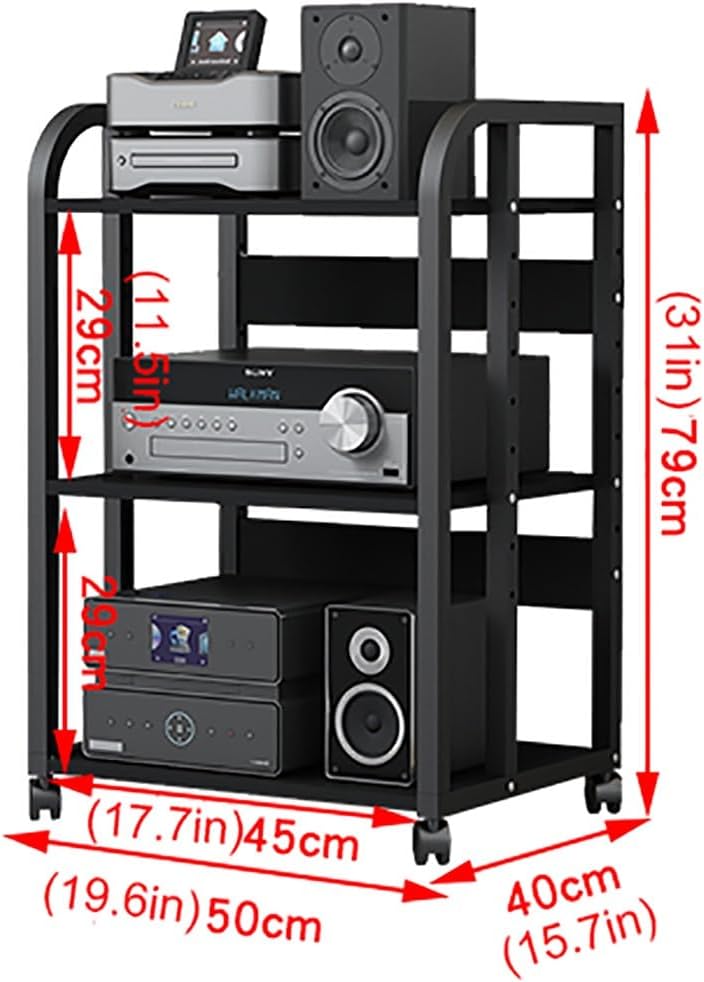 XingLi 3/4/5-Tier Audio Equipment Rolling Cart Rack，Large Stereo Black Storage Cabinet - Office Bedroom Living Room AV Media Shelf(Size:3 Tier-H79cm)