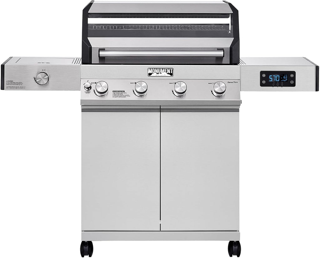 Monument Grills Denali Series, 4+1 Liquid Propane Gas Smart BBQ Grill, 4 Burners & 1 Side Burner, Denali 405 Stainless Steel with Smart technology, Knob Controls, Outdoor Use