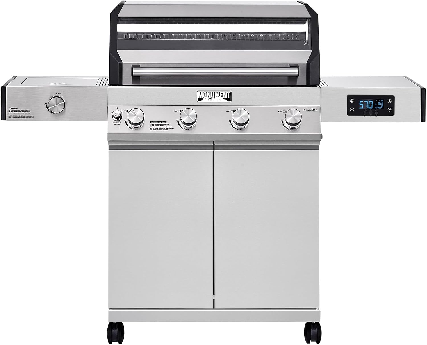 Monument Grills Denali Series, 4+1 Liquid Propane Gas Smart BBQ Grill, 4 Burners & 1 Side Burner, Denali 405 Stainless Steel with Smart technology, Knob Controls, Outdoor Use