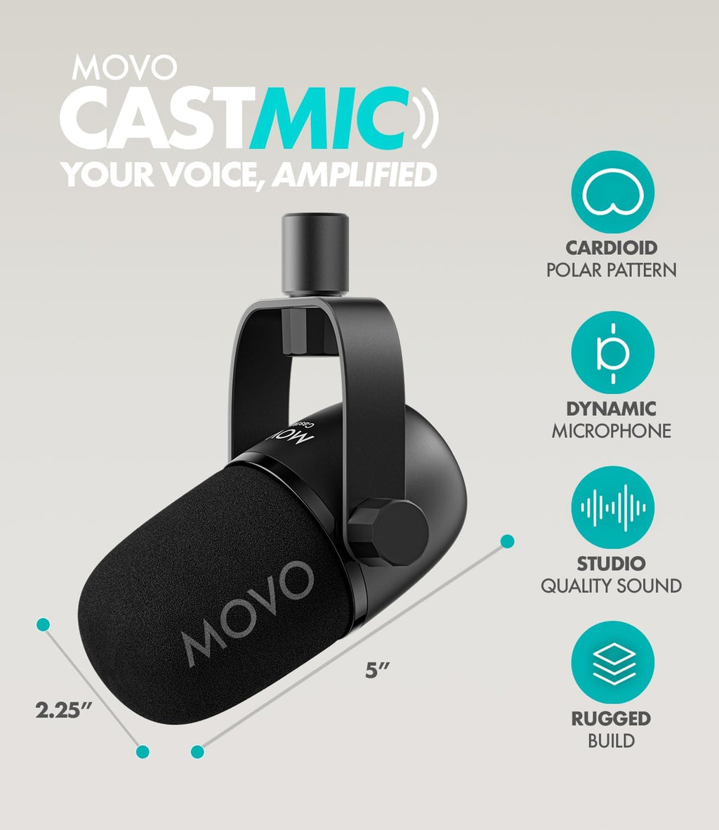 Movo Podcast Equipment Bundle for 2 with USB Audio Interface and 2 CastMic Dynamic Podcast Microphone Bundle with Mic Boom Arms and Headphones for Podcasting, Streaming, and Musicians - Podcast Kit