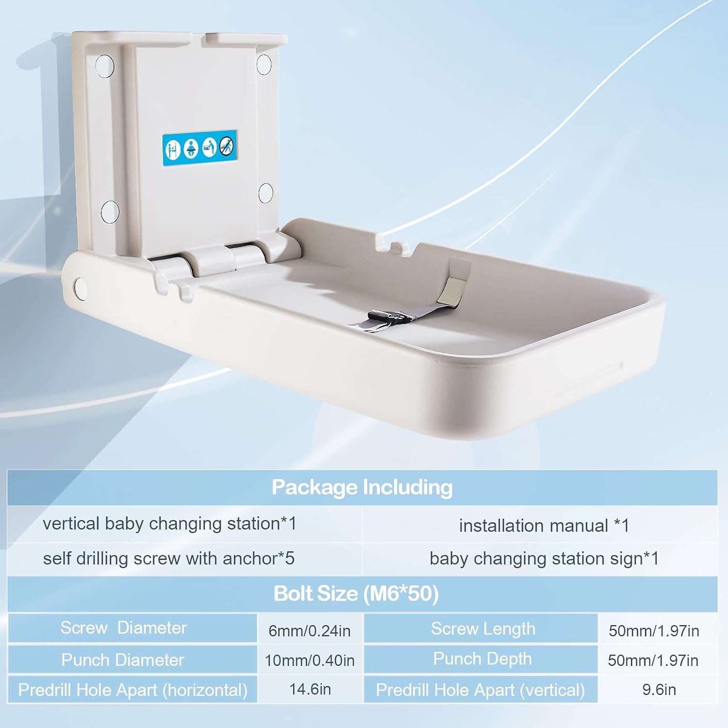 Baby Changing Station Wall Mounted, Baby Changing Table with Safrty Strap, HDPE Fold-Down Diaper Changing Station Table, Foldable Diaper Changing Unit for Commercial Bathroom Restroom