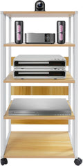 5-Tier Media Stand, Audio Rack Tower Stereo Cabinet with Wheels, CD Record Player Stand Speaker Display Rack with Adjustable Wooden Shelf for Home Theater Studio (White & Wood Color)