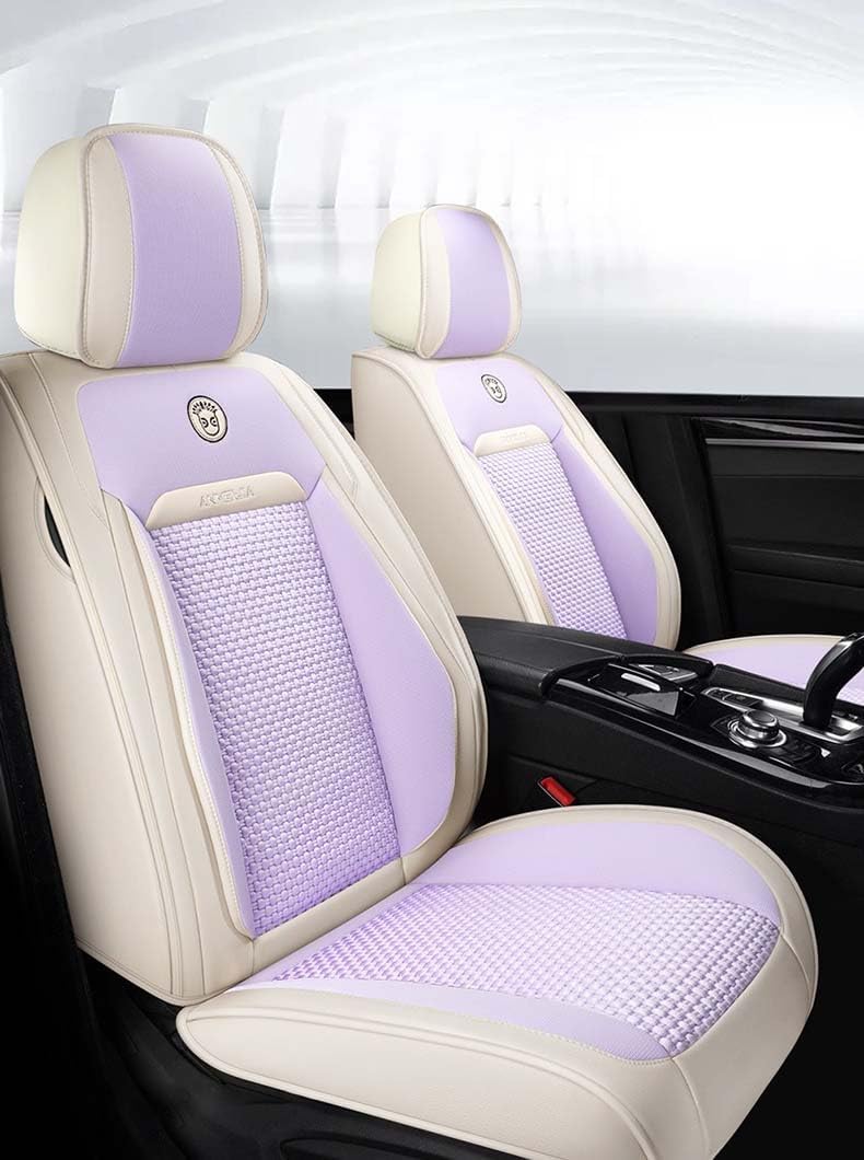 Purple Car Seat Covers Full Set - Leather and Ice Silk Breathable Front and Rear Seat Covers for Women Men, Luxury Car Cushions