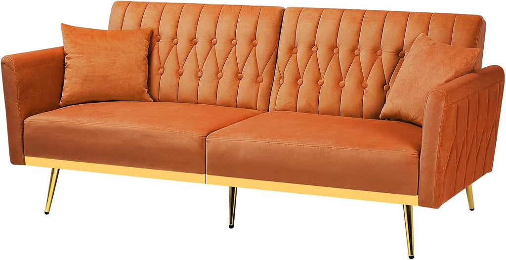 70' Velvet Futon Sofa Bed w/Adjustable Armrests & 2 Pillows, Convertible Futon Couch w/Adjustable Backrests, Modern Sleeper Bed for Living Room, Bedroom, Orange