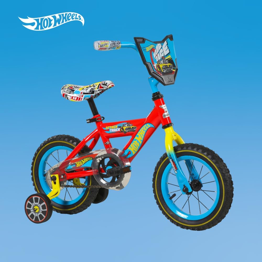 Dynacraft Hot Wheels Boys BMX Bikes Sizes 12' - 18' for Ages 3-9 Years in red, Black, with Handlebar rev Grip Play Feature
