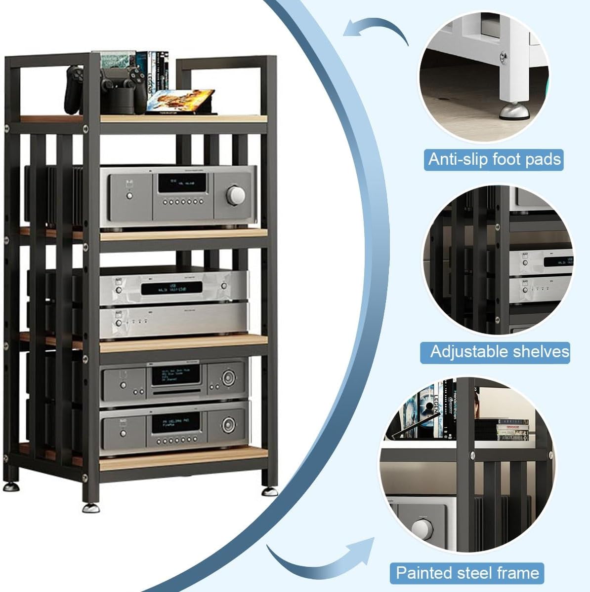 AV Media Stand for CD Player, Adjustable Stereo Rack & Cabinet with Non-Slip Feet, Multifunctional Audio Video Tower Stand - Perfect for Home Entertainment (Black)