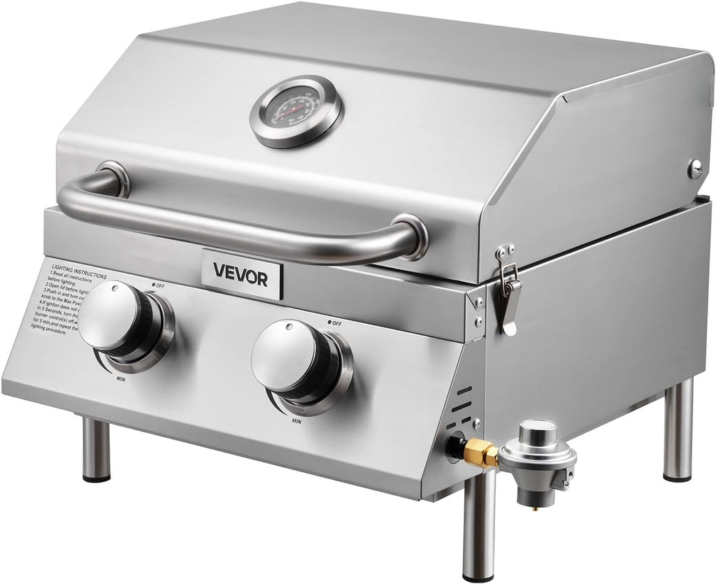 VEVOR Tabletop Gas Grill, 2-Burner Stainless Steel Portable Propane Grill, with Built-in Thermometer, Travel Locks, Weatherproof Lid, 15,000 BTU Total, for Outdoor Cooking, Patio, Party, Camping, RV