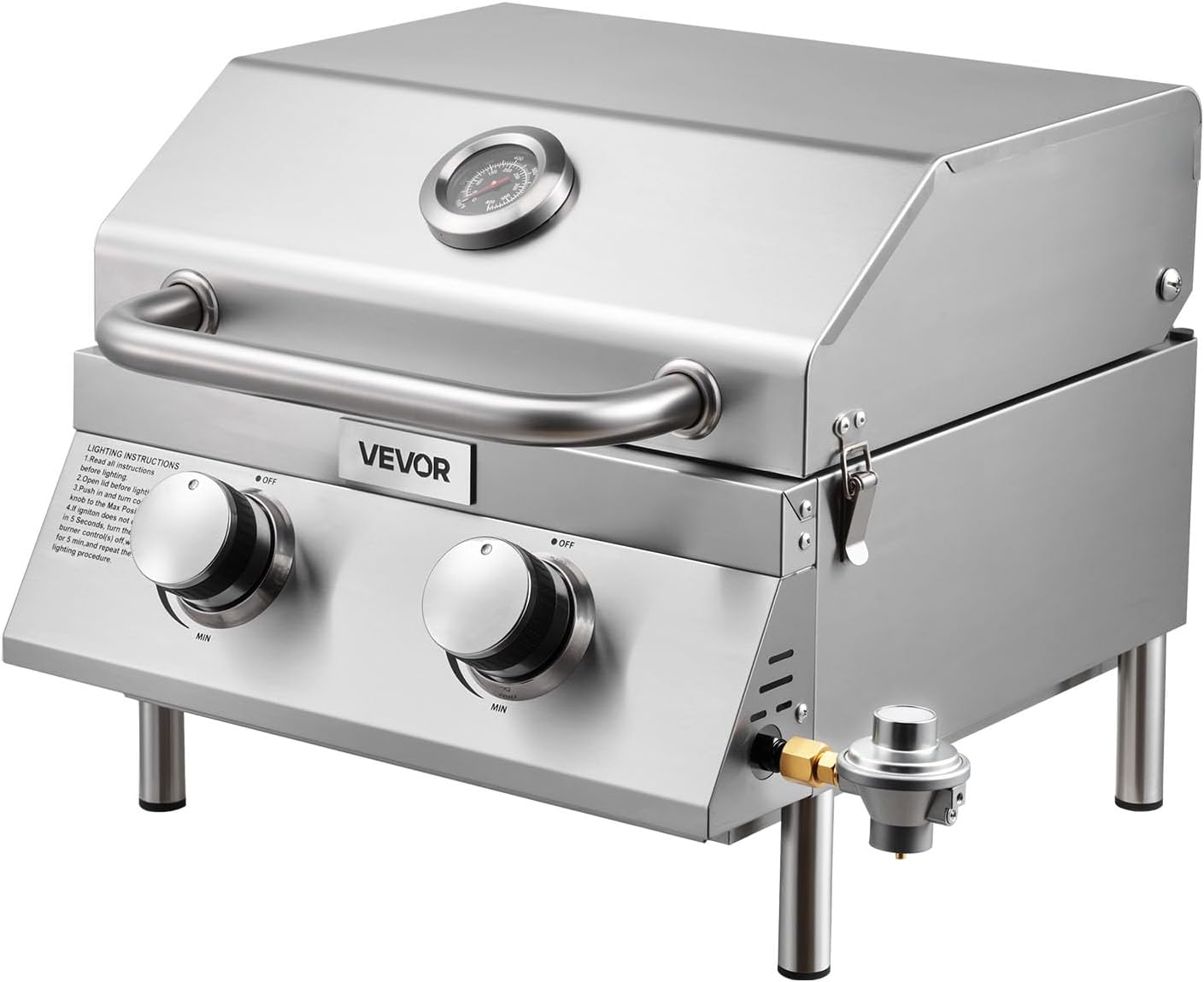 VEVOR Tabletop Gas Grill, 2-Burner Stainless Steel Portable Propane Grill, with Built-in Thermometer, Travel Locks, Weatherproof Lid, 15,000 BTU Total, for Outdoor Cooking, Patio, Party, Camping, RV