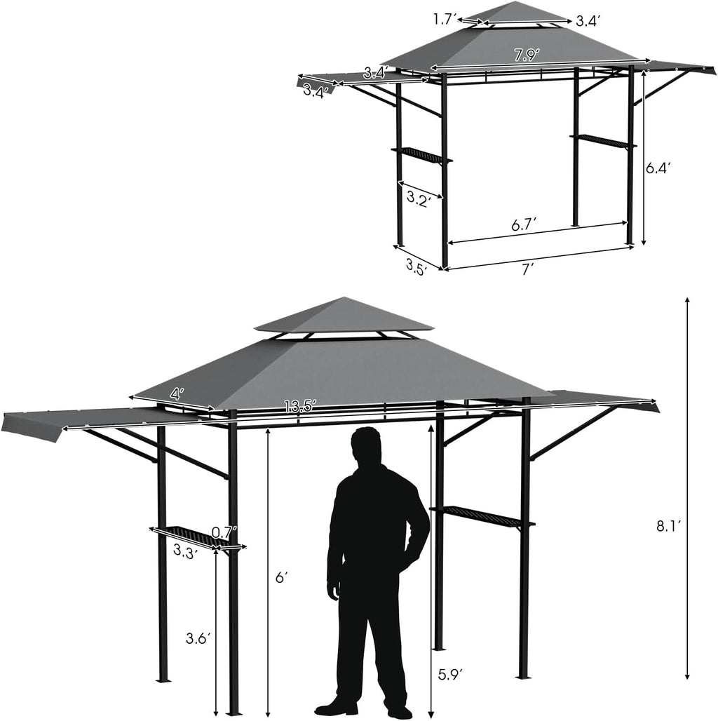 Tangkula 13.5x4 Ft Grill Shelter With Dual Side Awnings, Double Tiered BBQ With Shelves, Heavy-Duty Steel Frame, CPAI-84 Fire-Resistant Patio & Garden Gazebo
