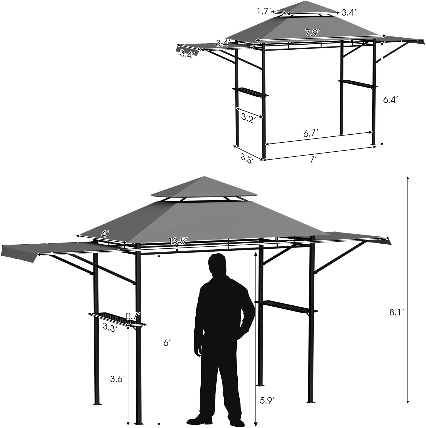 Tangkula 13.5x4 Ft Grill Shelter With Dual Side Awnings, Double Tiered BBQ With Shelves, Heavy-Duty Steel Frame, CPAI-84 Fire-Resistant Patio & Garden Gazebo